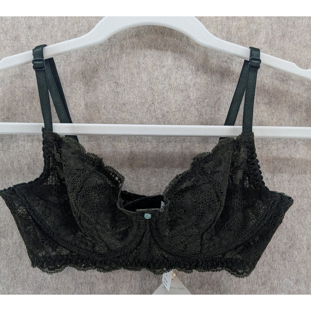 Clo Intimo Anthropologie Dark Green Lace Underwire Bra 34C Floral Heart Detail